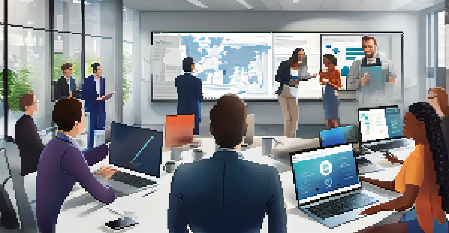 A group of professionals collaborating in an office, discussing blended learning while using technology and a presentation screen.