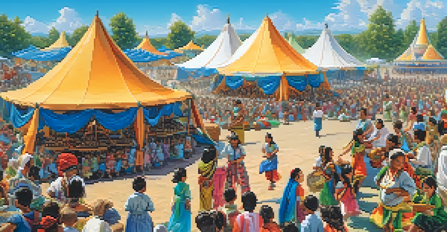A vibrant outdoor cultural festival with families enjoying music and dance, colorful tents, and children playing.