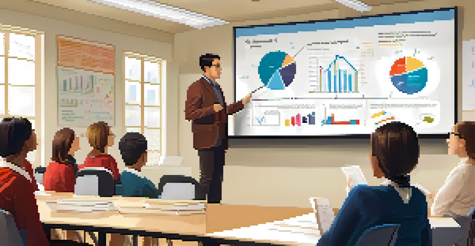 An educator presenting data insights on a whiteboard to a group of teachers in a bright, modern classroom.