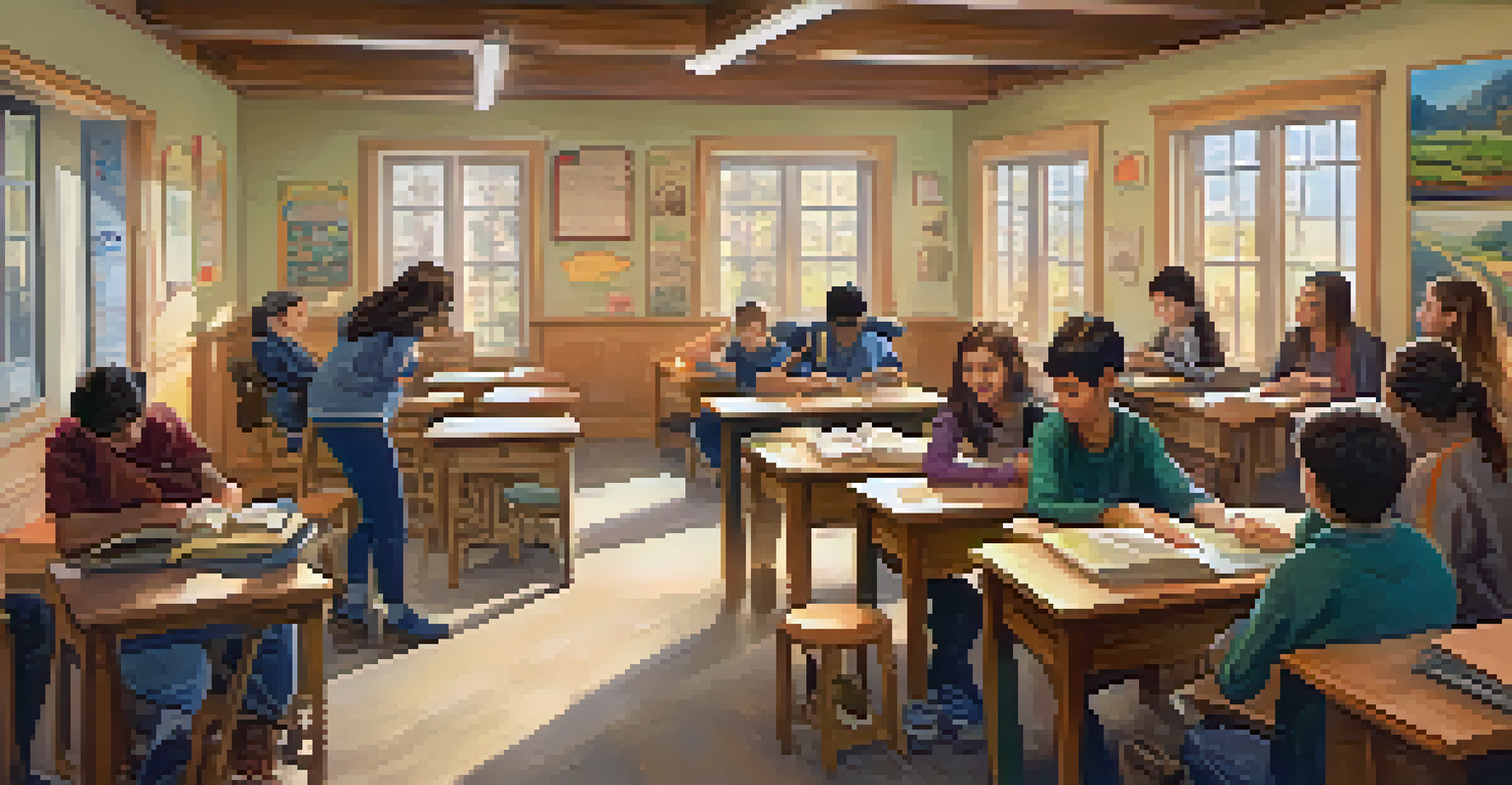 Students engaged in a role-playing activity in a cozy classroom, expressing emotions and showcasing empathy.