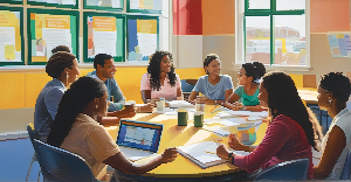 A group of diverse teachers in a bright staff room discussing and collaborating around tables.