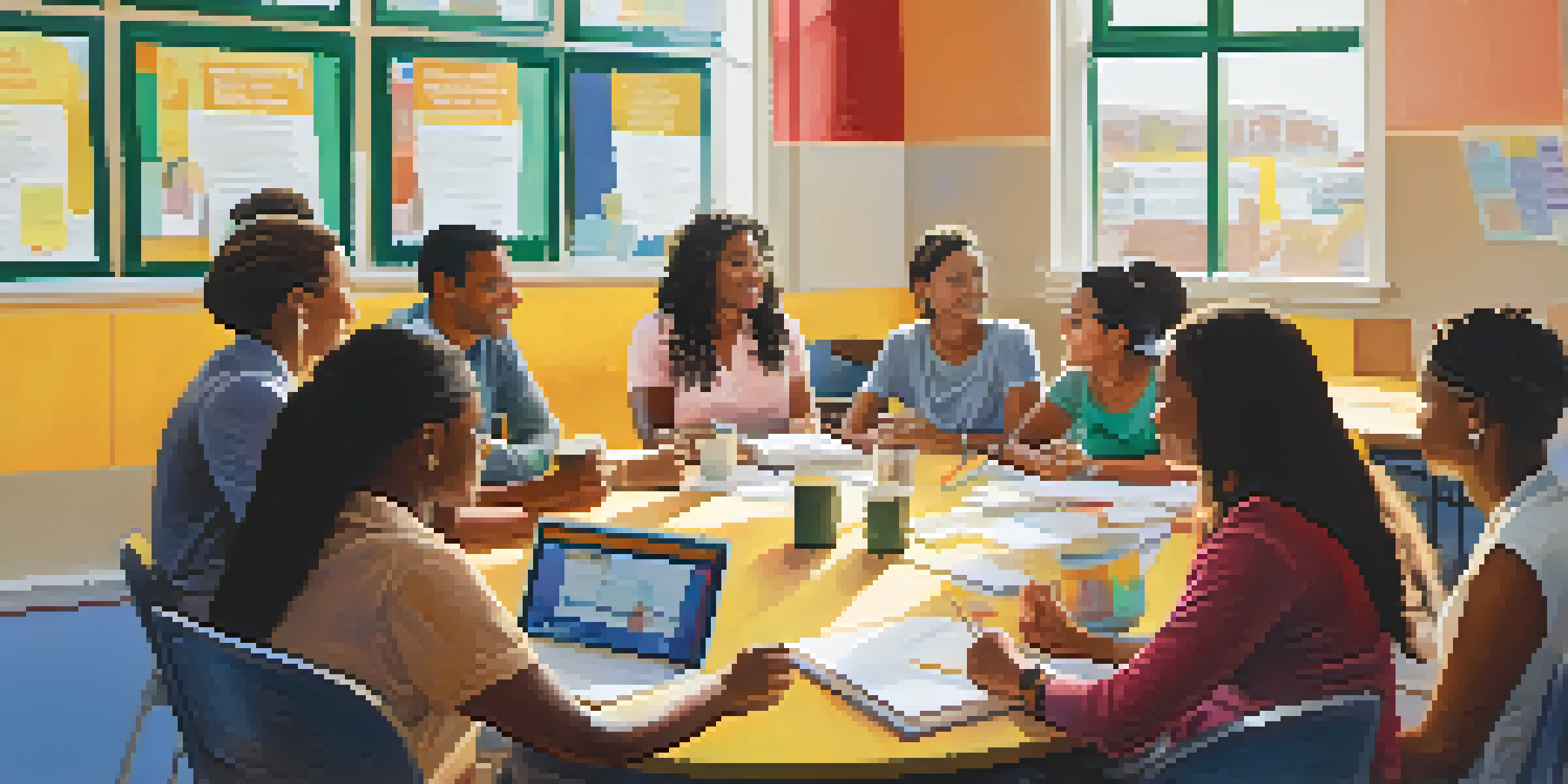 A group of diverse teachers in a bright staff room discussing and collaborating around tables.