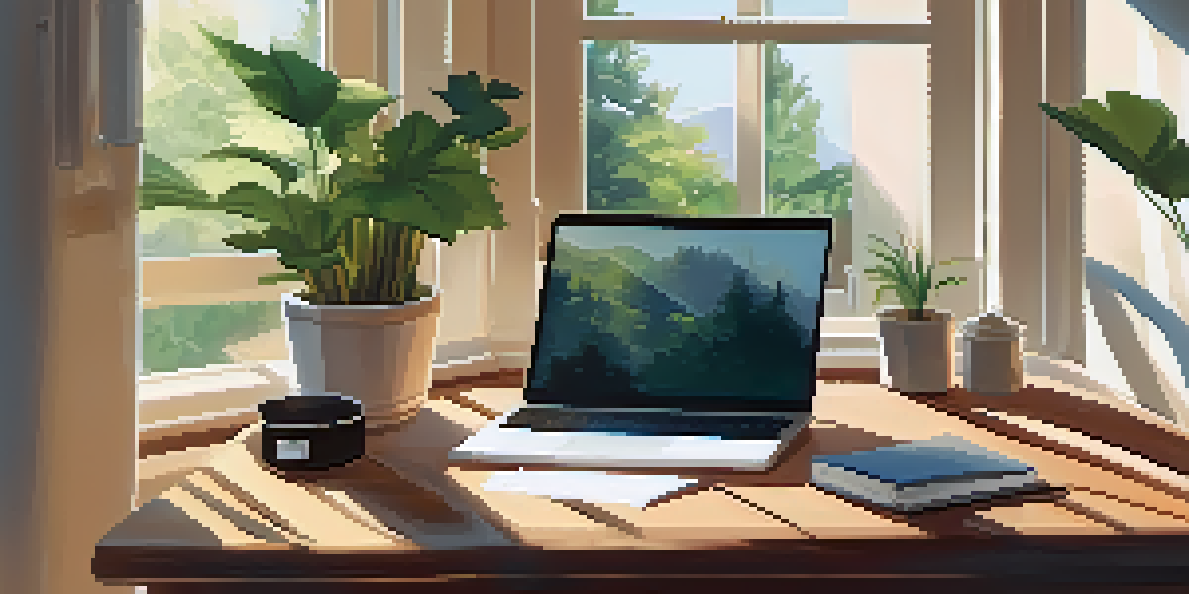 A peaceful study environment featuring a wooden desk with a laptop, houseplants, and a cup of coffee, illuminated by soft sunlight.