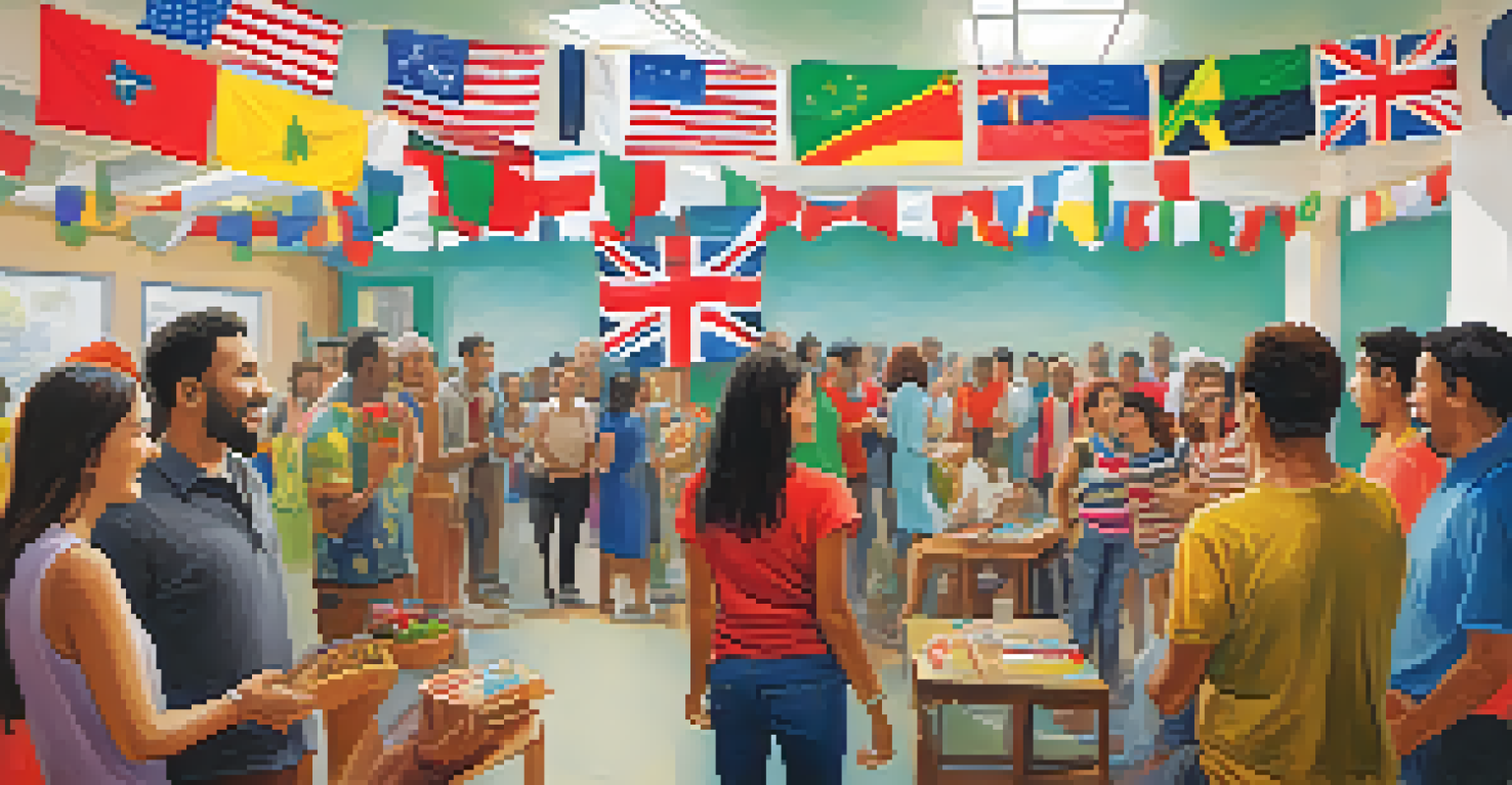A lively language exchange event with diverse people engaged in conversation and sharing cultural experiences in a community center.