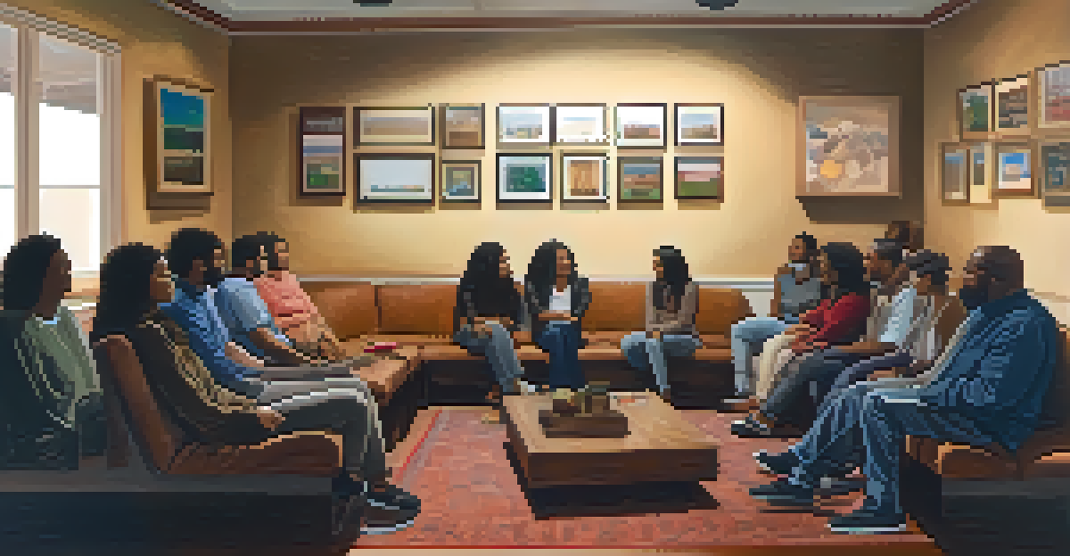 An indoor space with comfortable seating and warm lighting, where individuals from marginalized groups engage in a supportive discussion, with inspirational quotes on the walls.