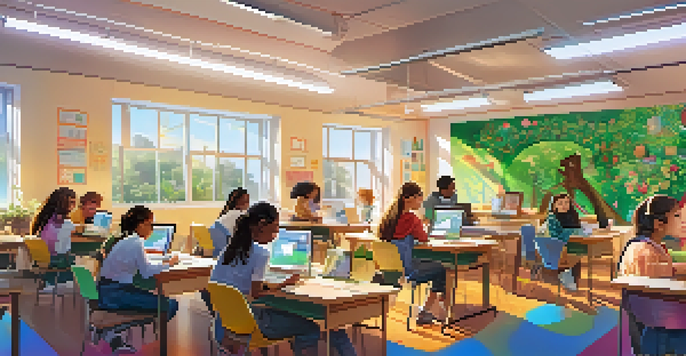 A bright classroom with students of different backgrounds using technology to learn, surrounded by colorful decorations and natural light.