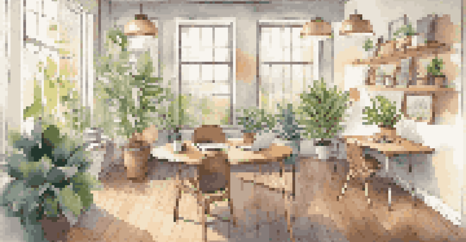 A cozy and inviting workspace prepared for an online discussion with laptops and notebooks around a round table.