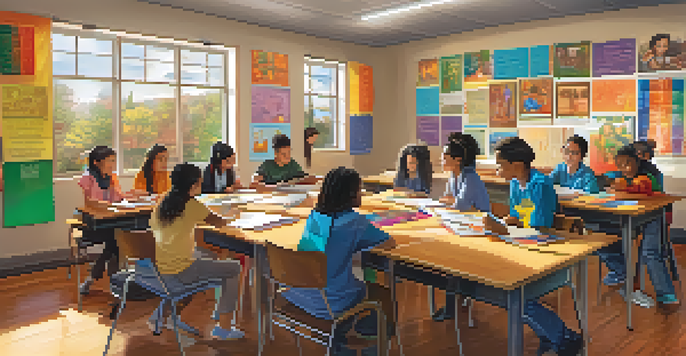 A lively classroom with diverse students working together on a project, surrounded by cultural posters and artifacts, illuminated by natural light.