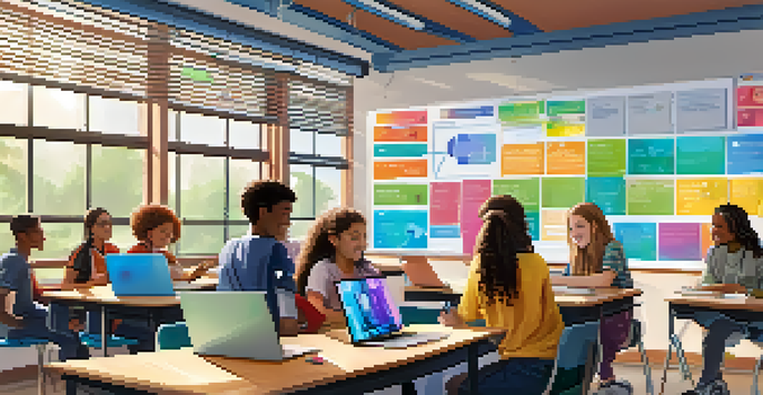 A colorful classroom with diverse students collaborating on a project using laptops and tablets, illuminated by natural light.