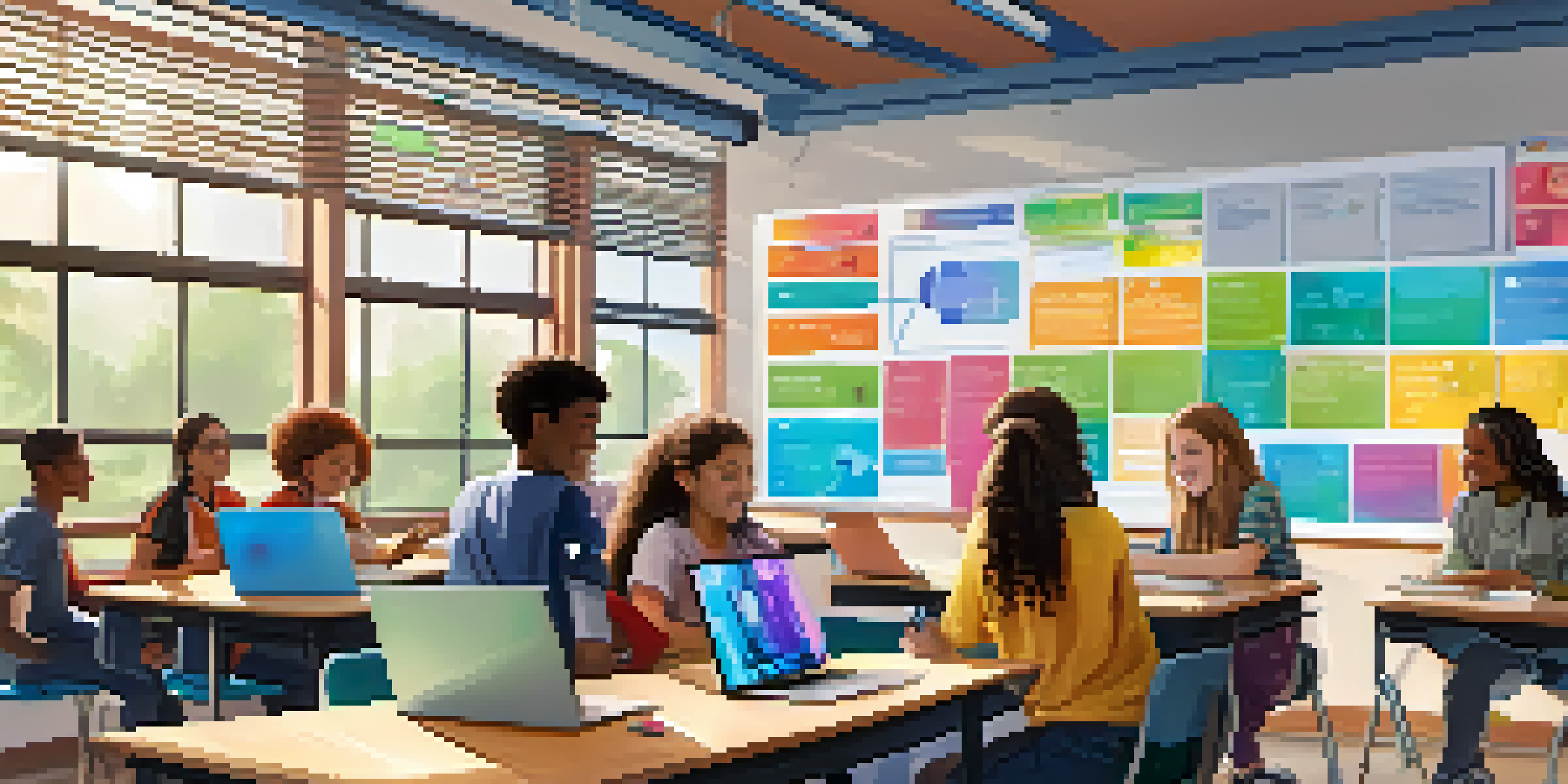 A colorful classroom with diverse students collaborating on a project using laptops and tablets, illuminated by natural light.