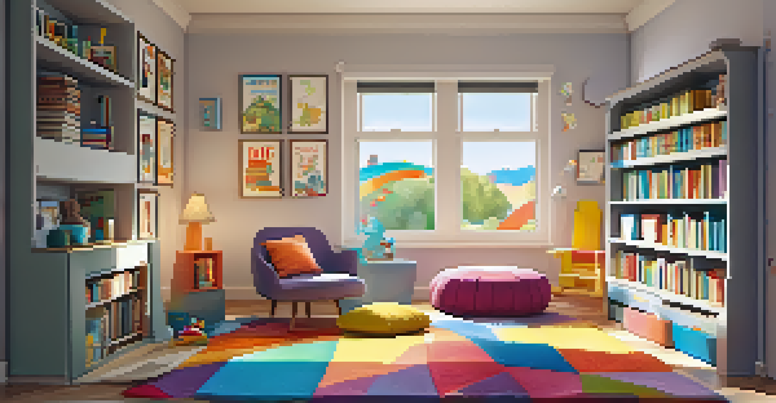 A cozy reading nook for children with books, a bean bag chair, and art supplies, promoting exploration and learning.