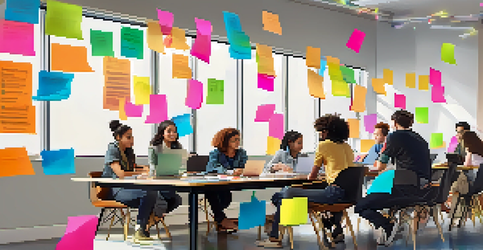 A diverse group of students collaborating at a table with laptops, surrounded by colorful sticky notes in a well-lit room.