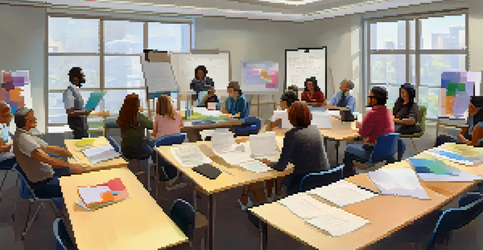 A diverse group of adult learners collaborating in a bright workshop, surrounded by notebooks and a whiteboard filled with diagrams.