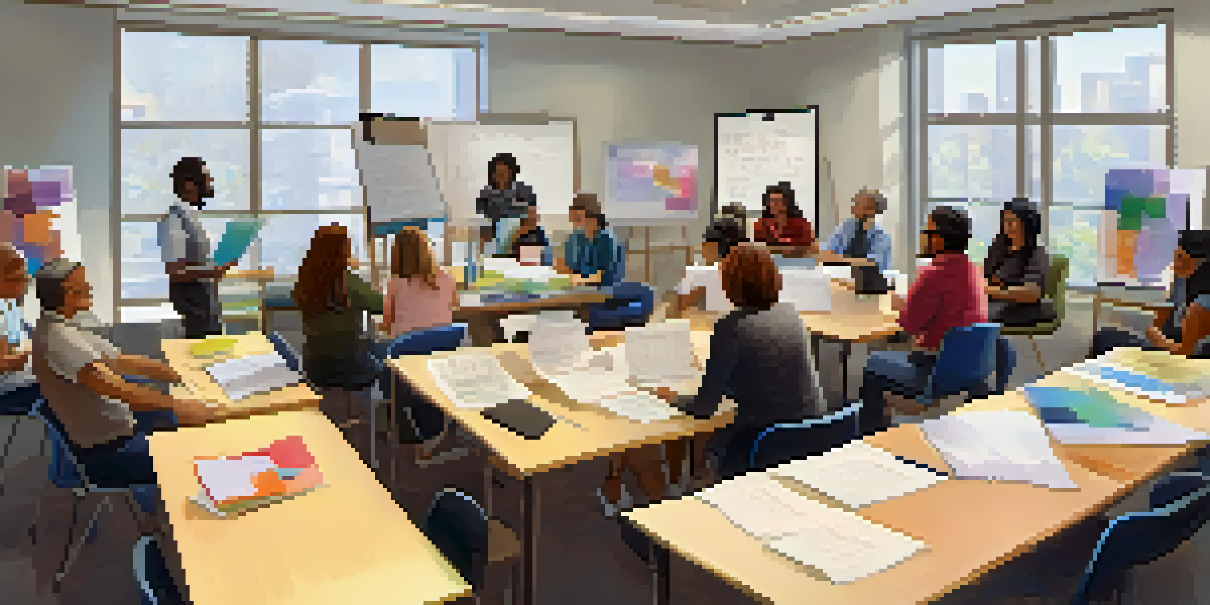 A diverse group of adult learners collaborating in a bright workshop, surrounded by notebooks and a whiteboard filled with diagrams.