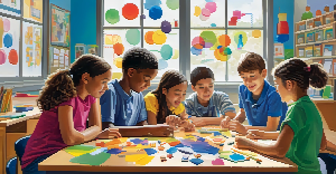 A classroom filled with students exploring magnets, with bright sunlight and educational posters around them.