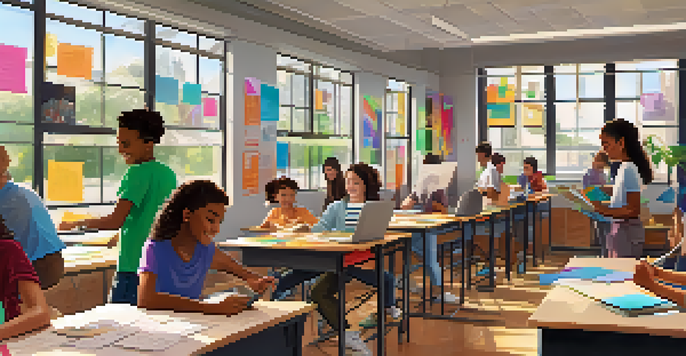 A bright classroom with diverse students happily collaborating on a group project using digital devices, with colorful posters and large windows allowing natural light.