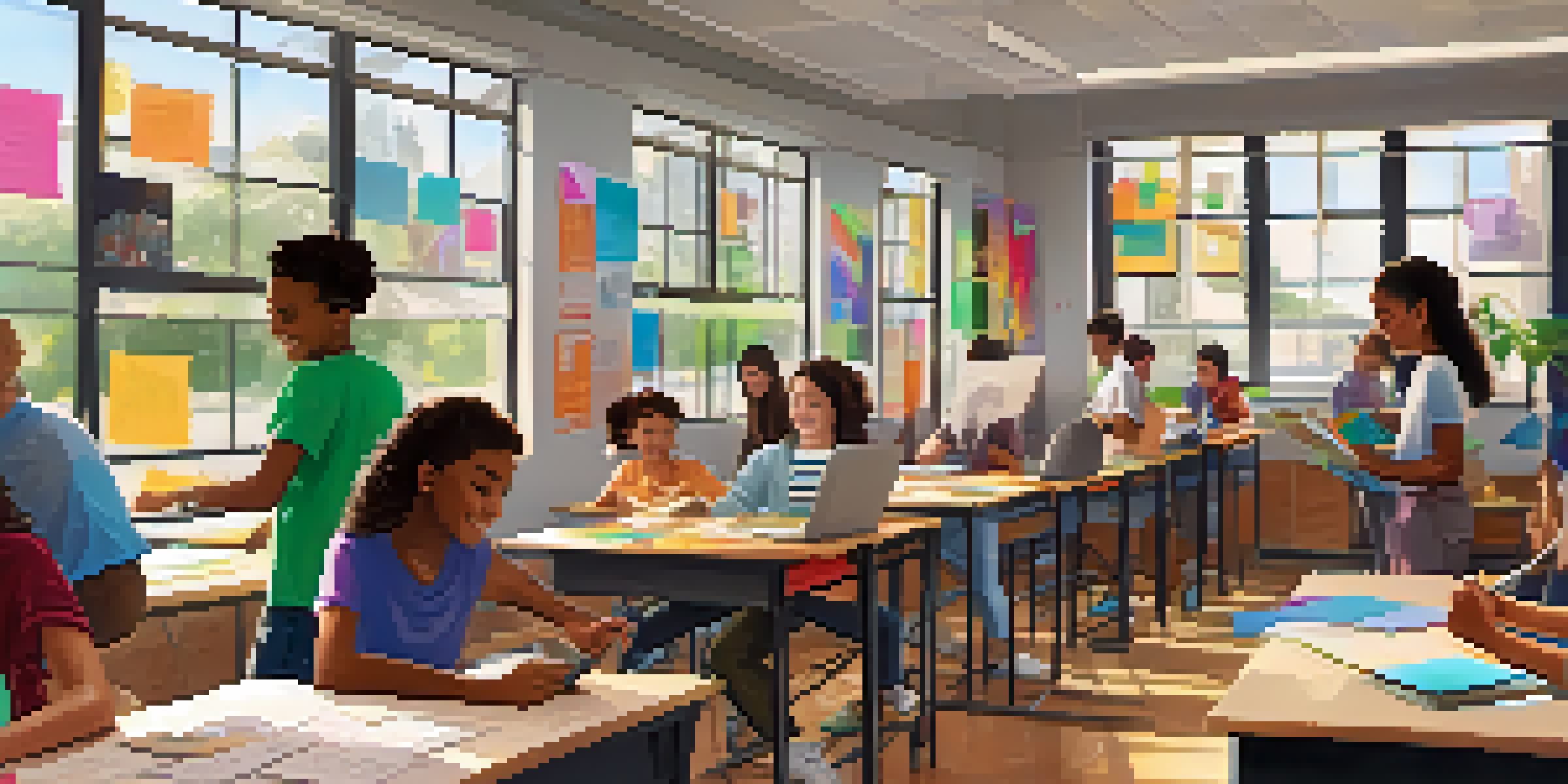 A bright classroom with diverse students happily collaborating on a group project using digital devices, with colorful posters and large windows allowing natural light.