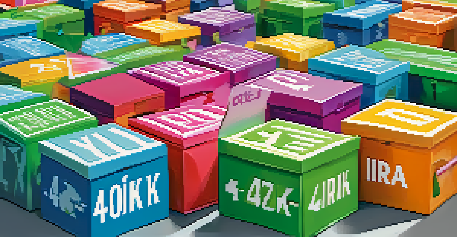 An illustration of colorful boxes labeled with different retirement accounts connected to a piggy bank, set against a blue and green gradient background.