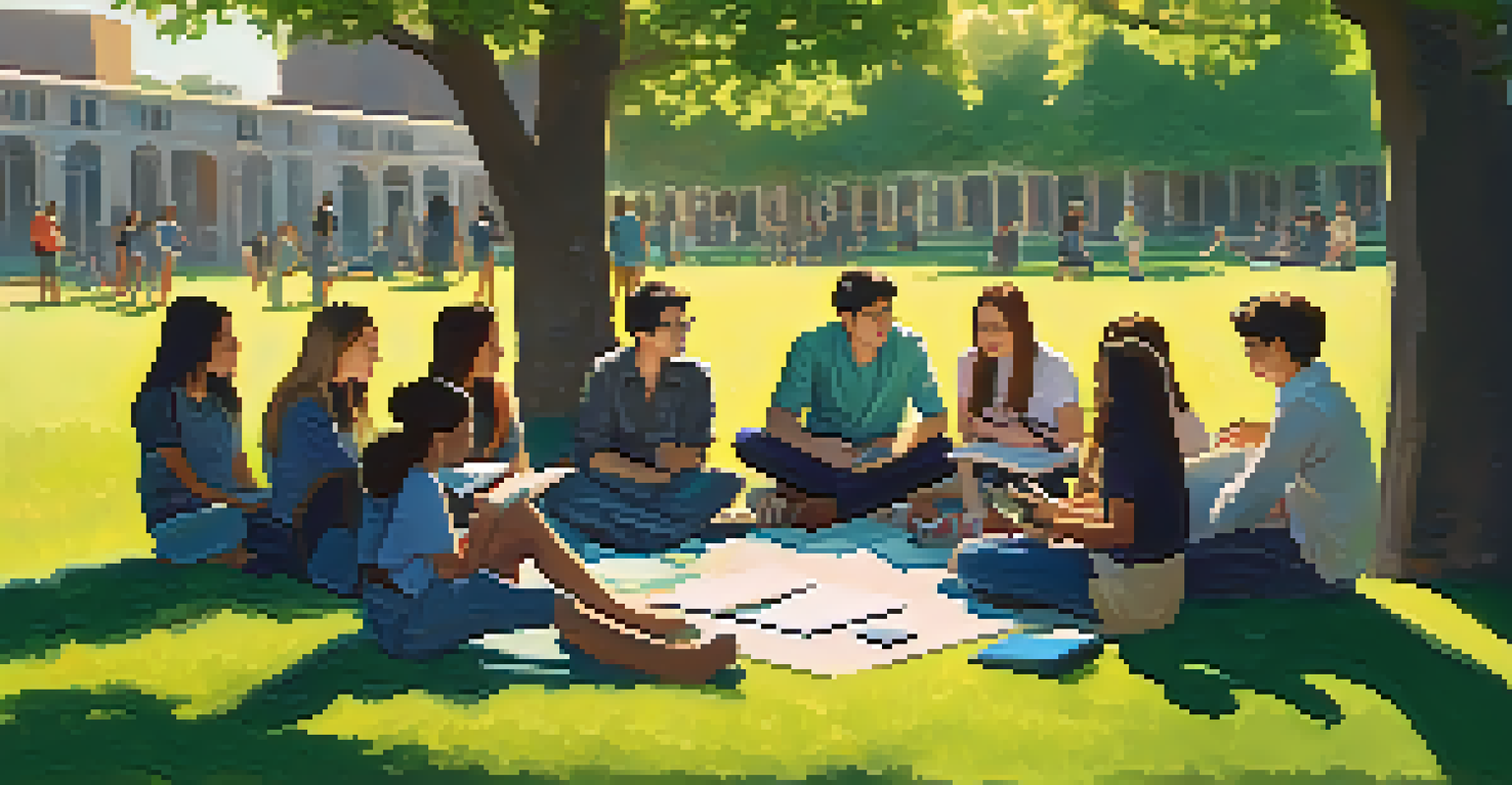 Students sitting in a circle outdoors, providing peer feedback to each other with notebooks and laptops.