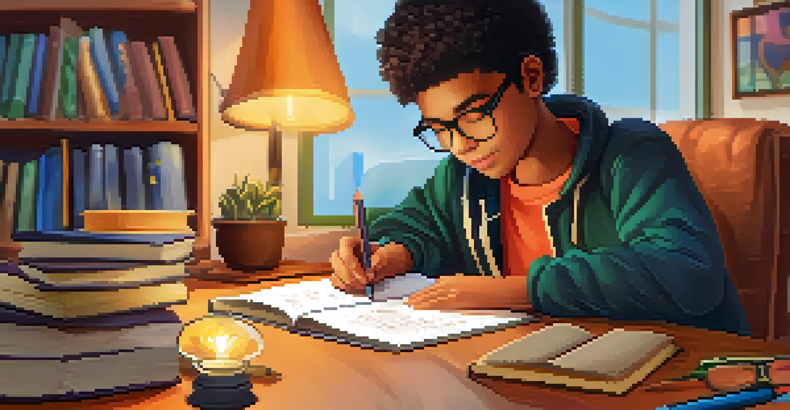 A student's hands writing in a colorful learning journal, with a laptop showing a self-assessment app in a cozy study environment.