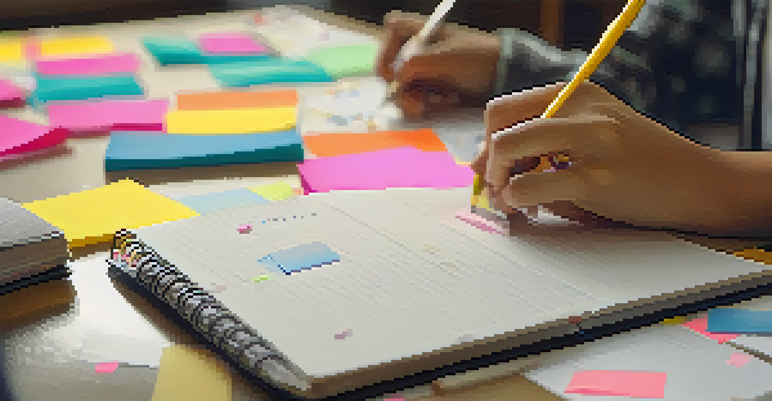 Close-up of a student typing on a laptop with notes and sticky notes on the desk in a classroom.