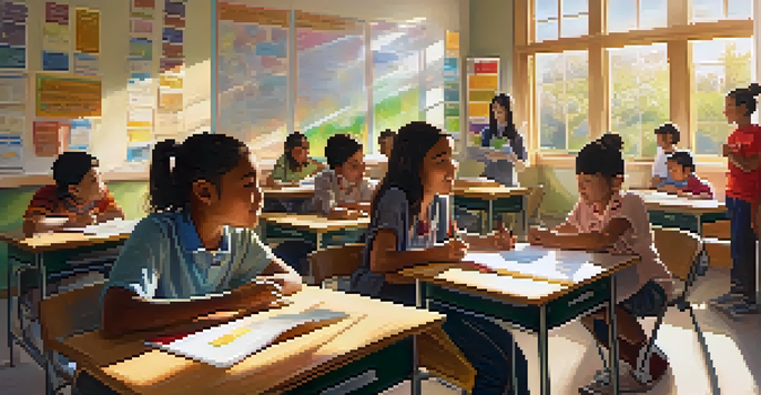 A bright classroom filled with diverse students participating in a language learning activity, with sunlight streaming in and colorful vocabulary posters on the walls.