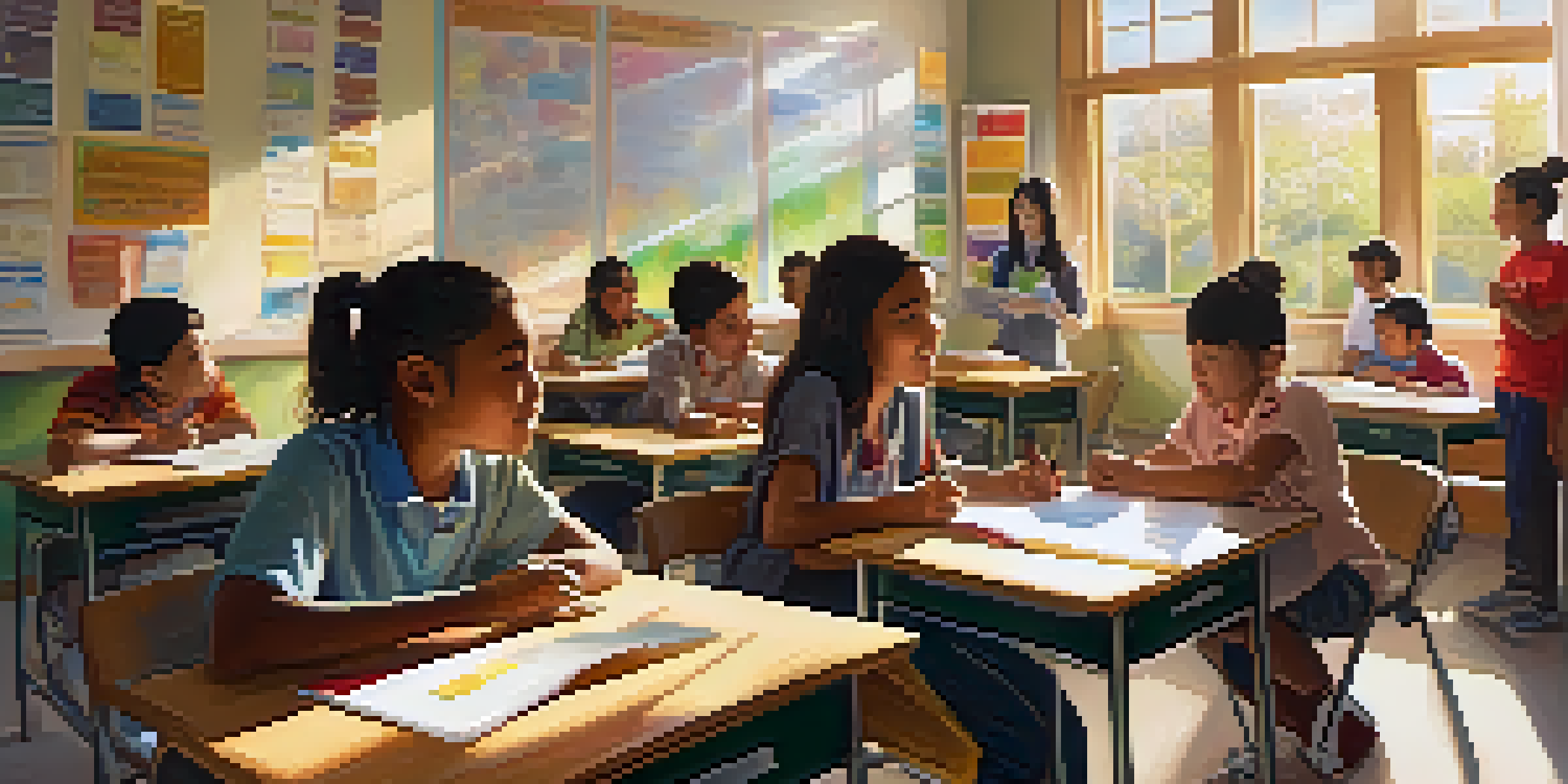 A bright classroom filled with diverse students participating in a language learning activity, with sunlight streaming in and colorful vocabulary posters on the walls.