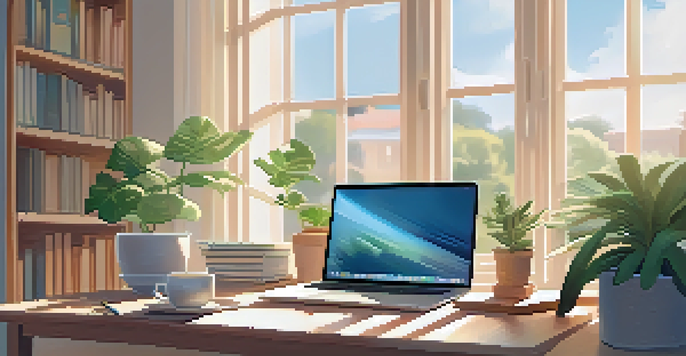 A cozy study setup with a laptop, books, and a plant, illuminated by sunlight.