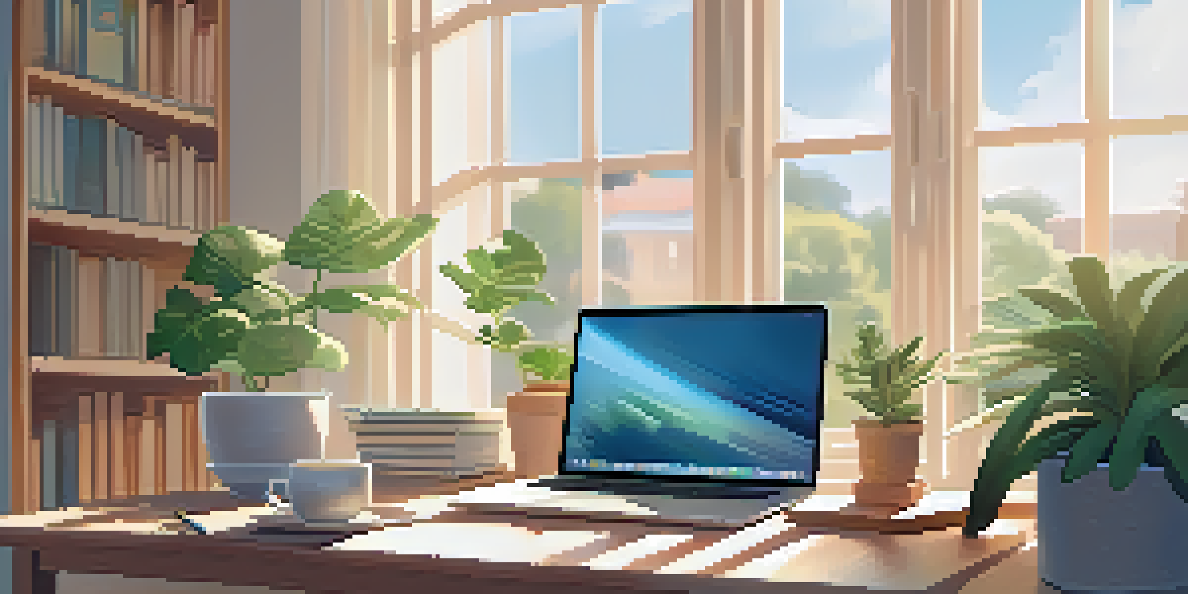 A cozy study setup with a laptop, books, and a plant, illuminated by sunlight.