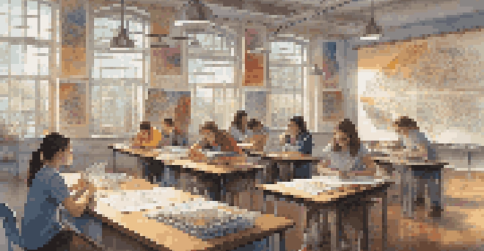 A diverse group of students working together in a bright classroom, integrating literature and science through a creative project.