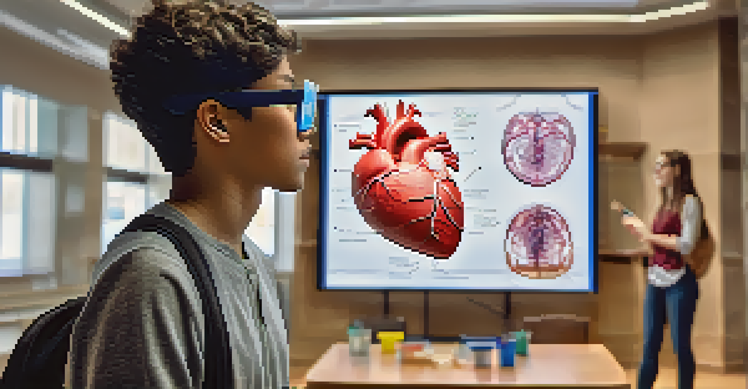 A student using augmented reality glasses to explore a 3D model of the human heart in a modern learning environment.