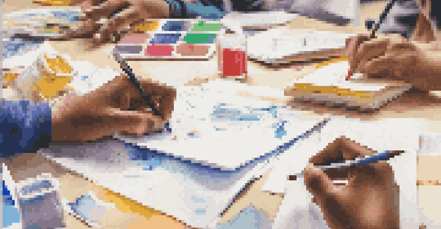 Close-up of students' hands collaborating on a project with colorful papers and art supplies on a table.