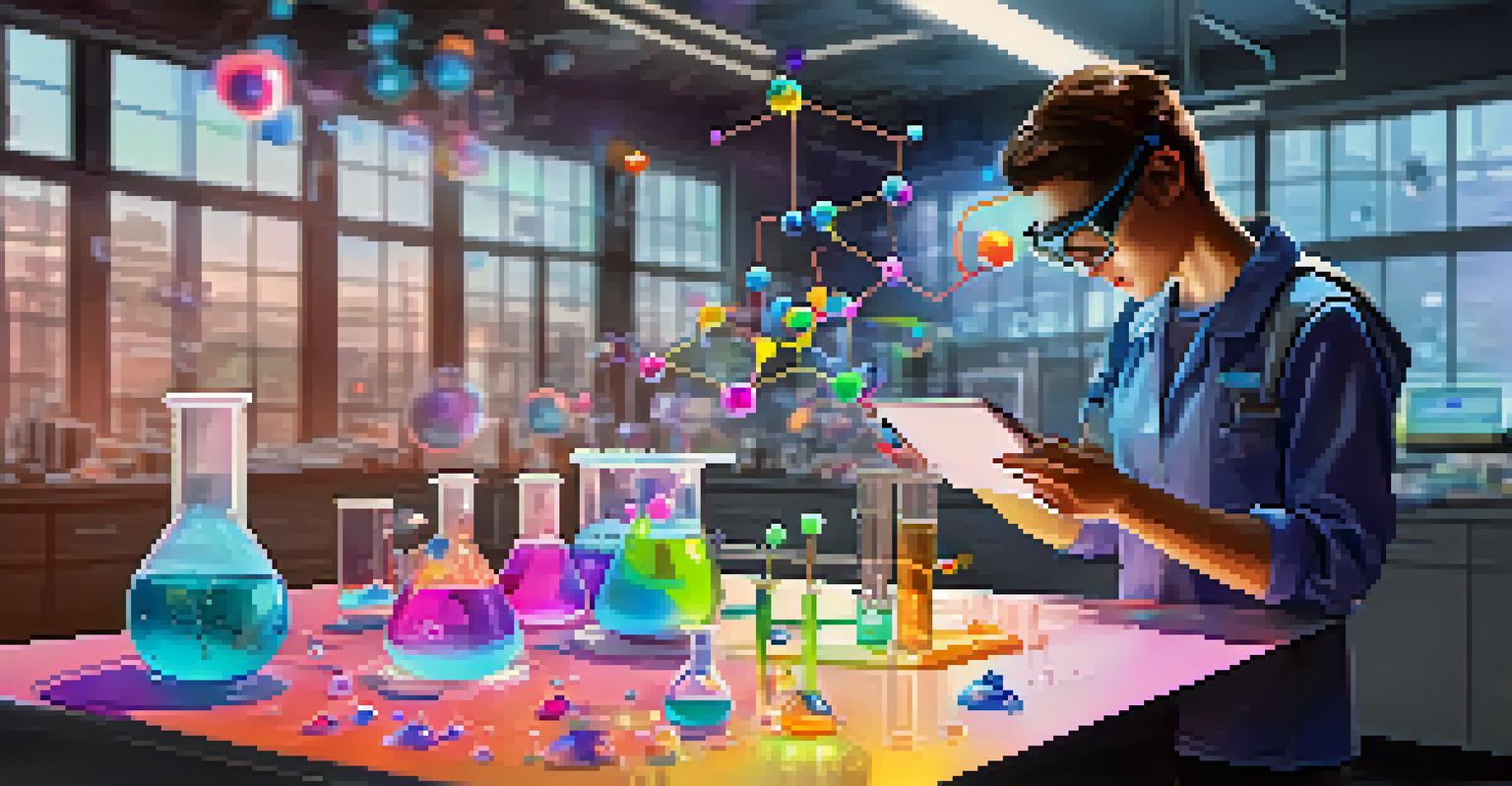 A student in a chemistry lab using augmented reality to conduct a virtual experiment, with colorful chemical reactions in the air.