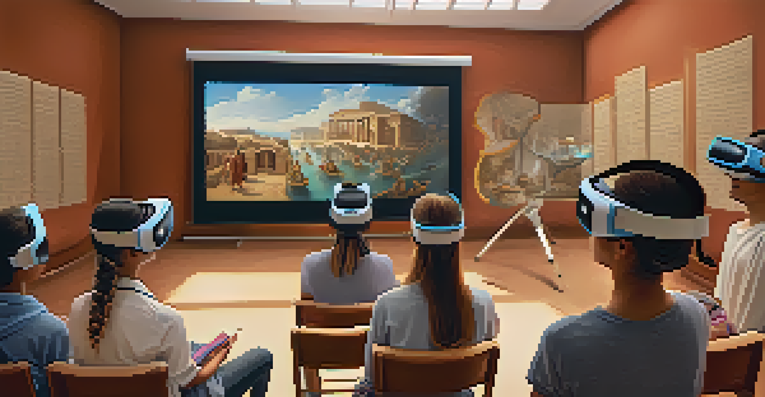 Students using virtual reality in a classroom, exploring an ancient civilization with a teacher guiding them.