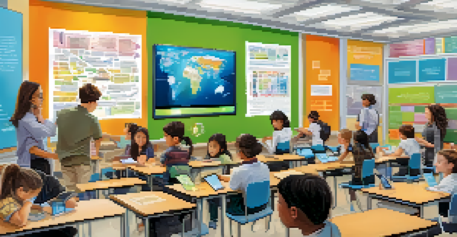 Students in a modern classroom engaged with AI technology and data analysis tools, learning about critical thinking.