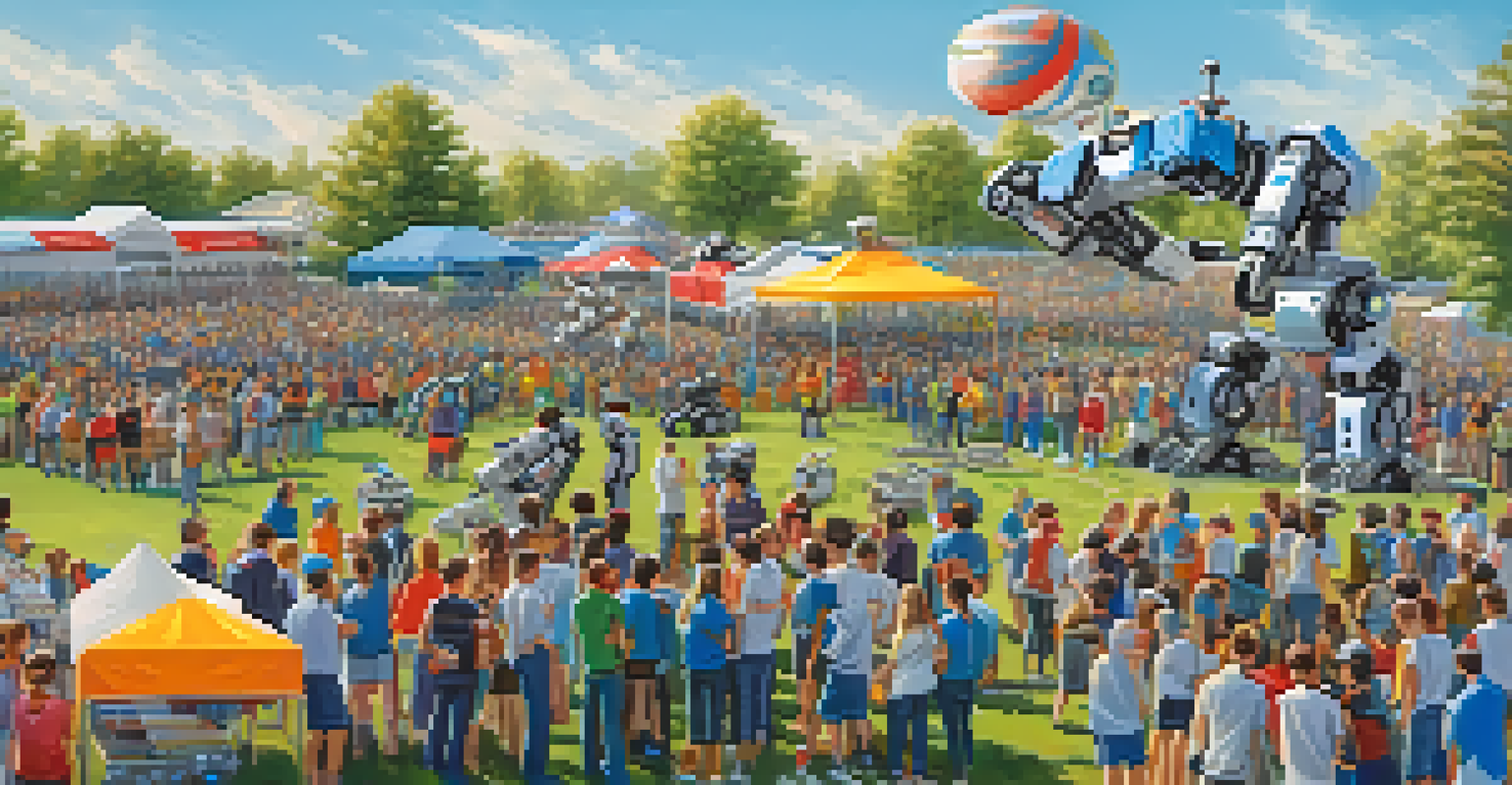 Students participating in an outdoor robotics competition, showcasing their robots in action with cheering spectators and colorful banners.