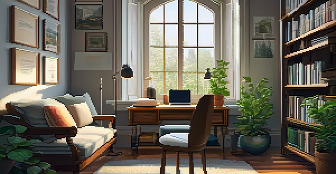 A warm and inviting study room with a desk, laptop, books, coffee, and plants, illuminated by natural light.