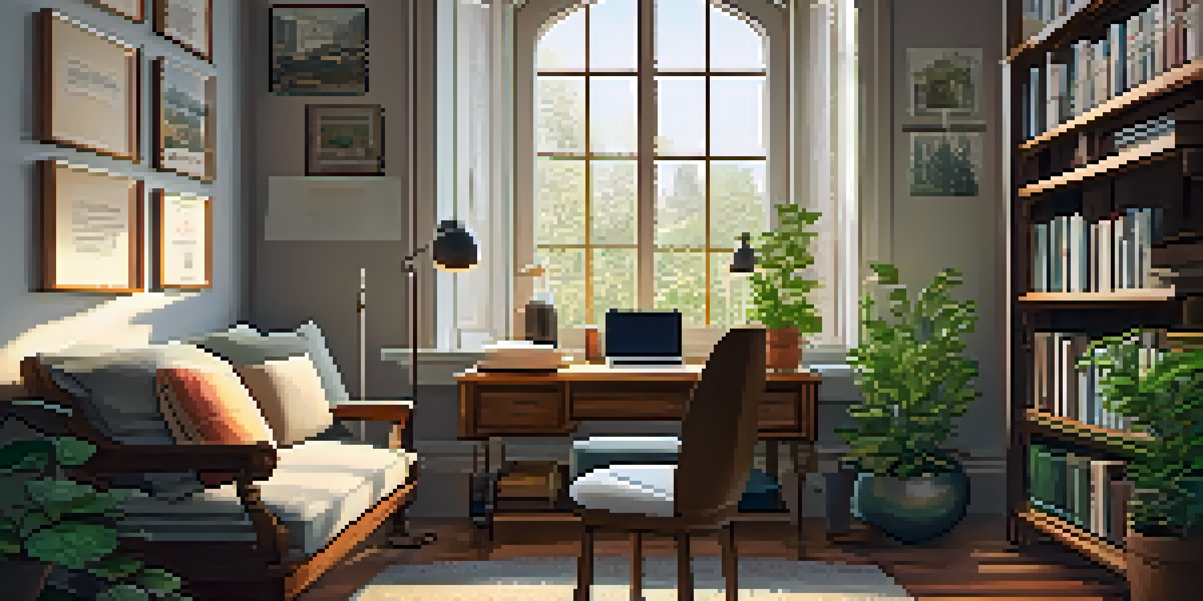 A warm and inviting study room with a desk, laptop, books, coffee, and plants, illuminated by natural light.