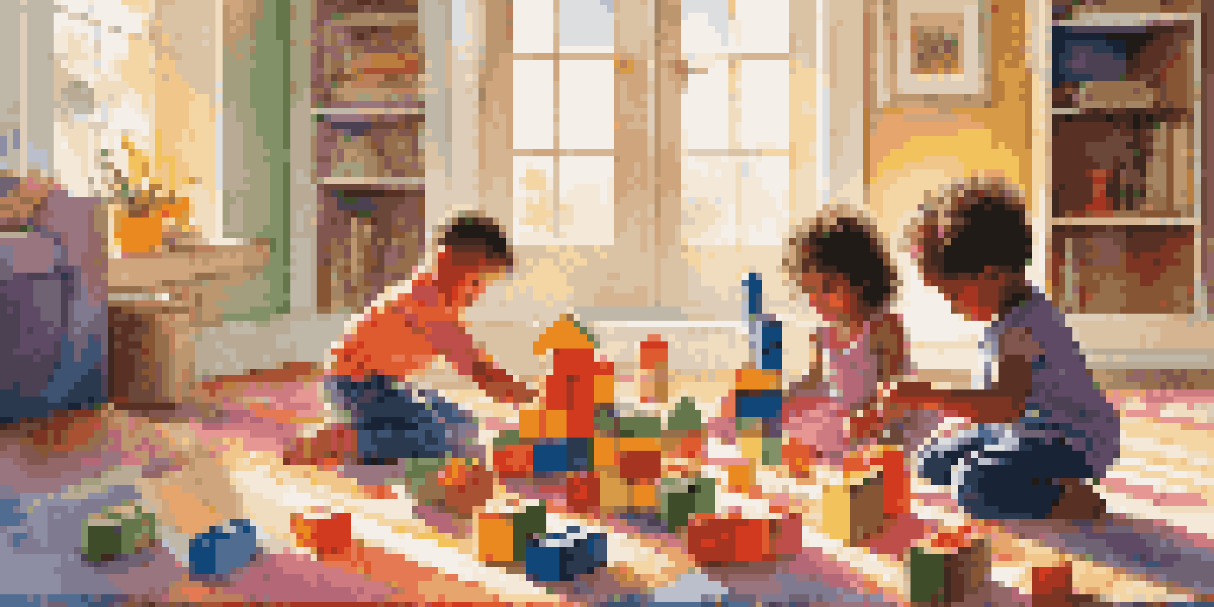 Children playing with colorful building blocks on a soft carpet under sunlight, demonstrating creativity and engagement.