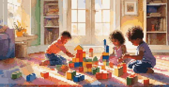 Children playing with colorful building blocks on a soft carpet under sunlight, demonstrating creativity and engagement.