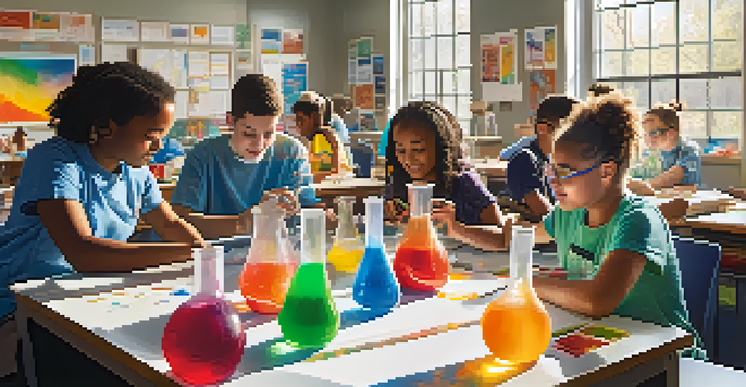 A diverse group of students actively participating in a science experiment in a colorful classroom, mixing liquids in beakers with enthusiasm.