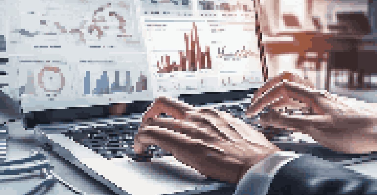 Close-up of hands typing on a laptop with data analytics charts on the screen in a blurred office background.