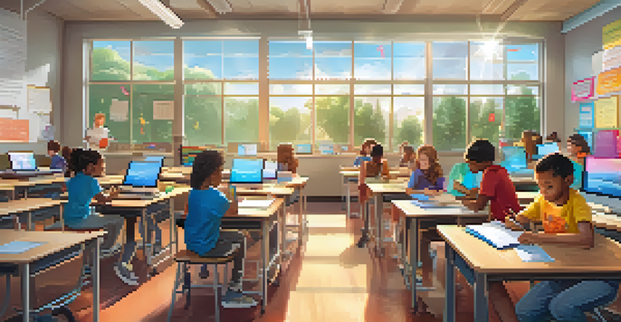 A colorful classroom where diverse students collaborate on gamified learning tasks, with bright lighting and interactive tools.