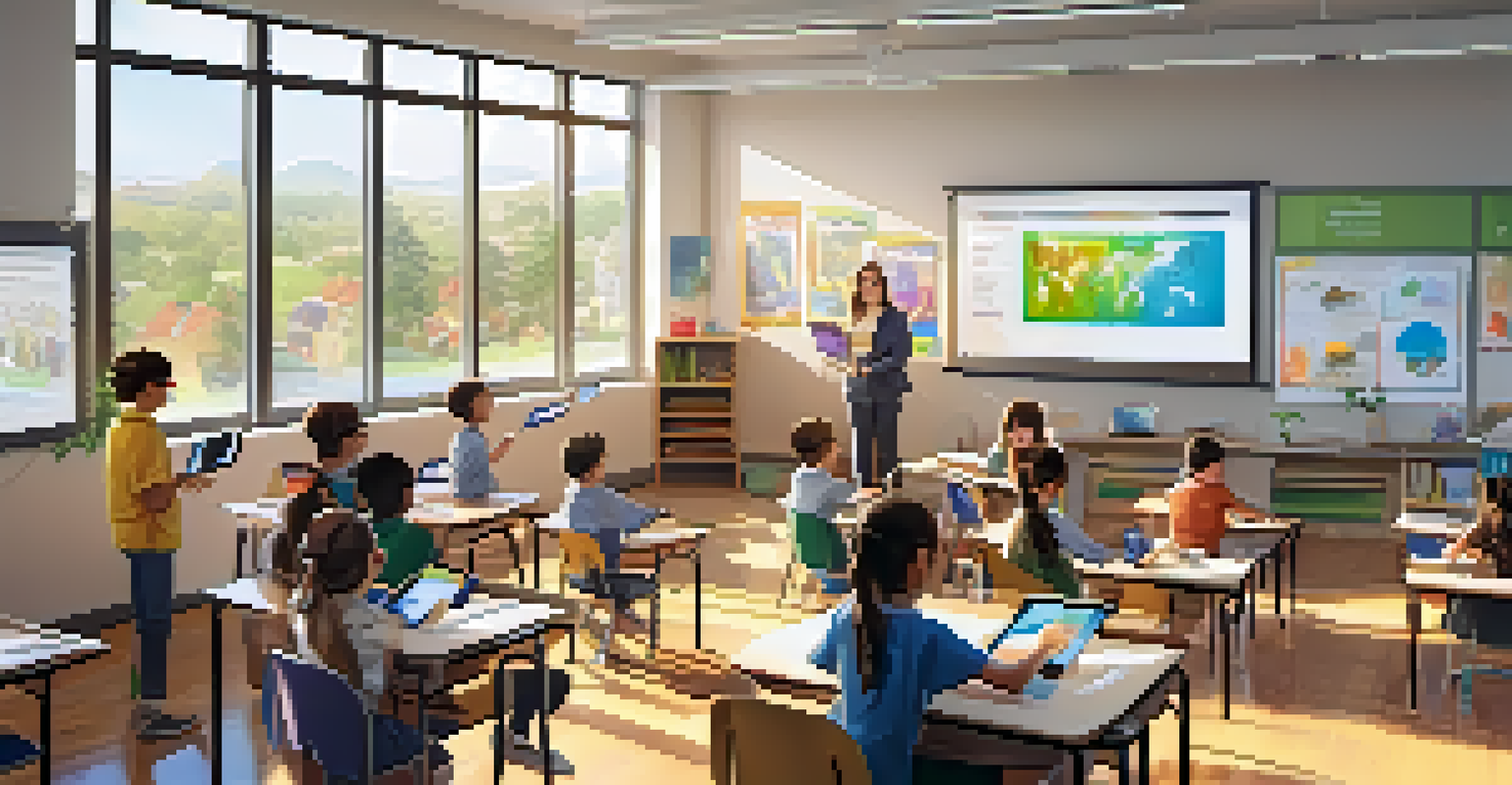 A colorful classroom with students using tablets and augmented reality glasses while a teacher guides them.