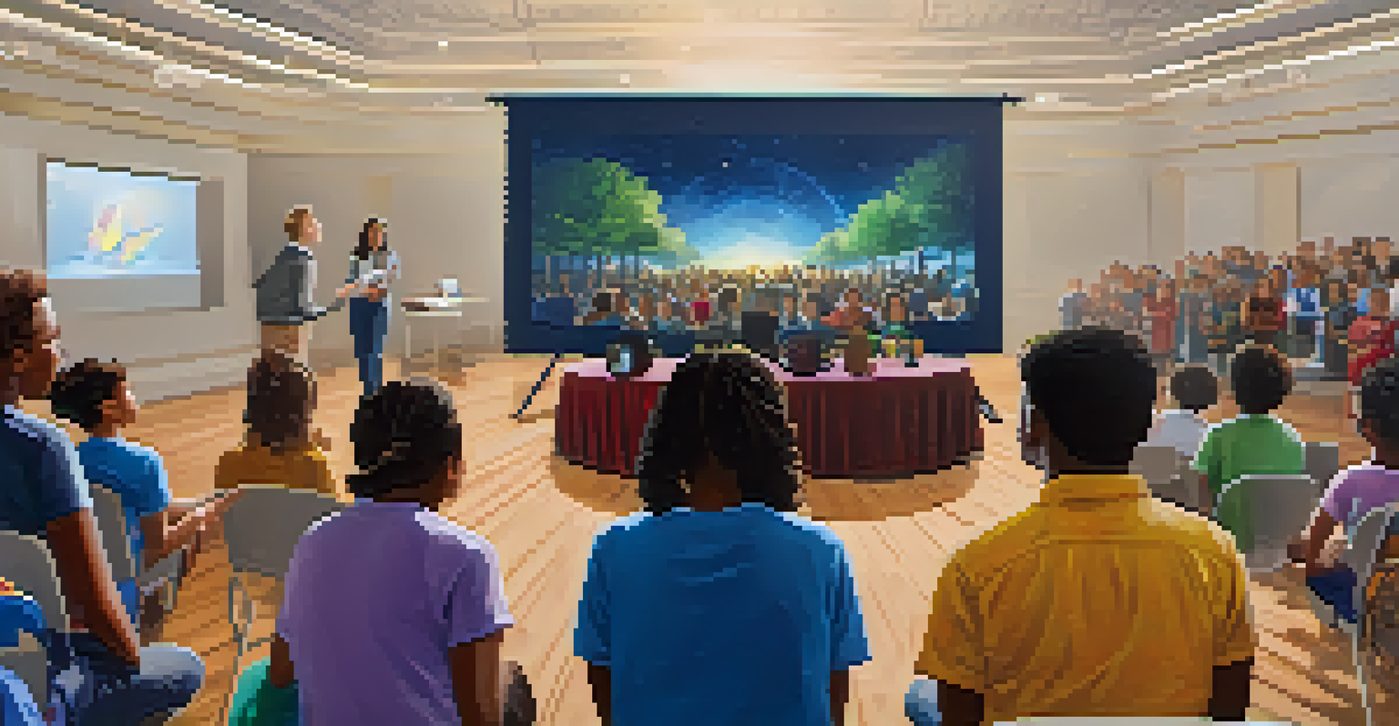 Students presenting their digital portfolios on stage to an engaged audience at a community event, with a projector displaying highlights.