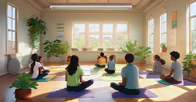 A calm classroom with students practicing mindful breathing exercises surrounded by plants and soft lighting.