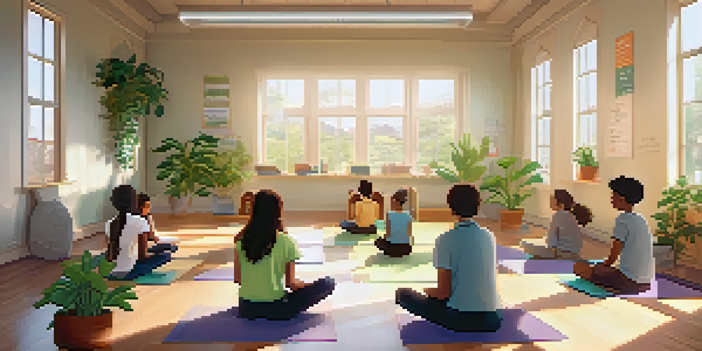 A calm classroom with students practicing mindful breathing exercises surrounded by plants and soft lighting.