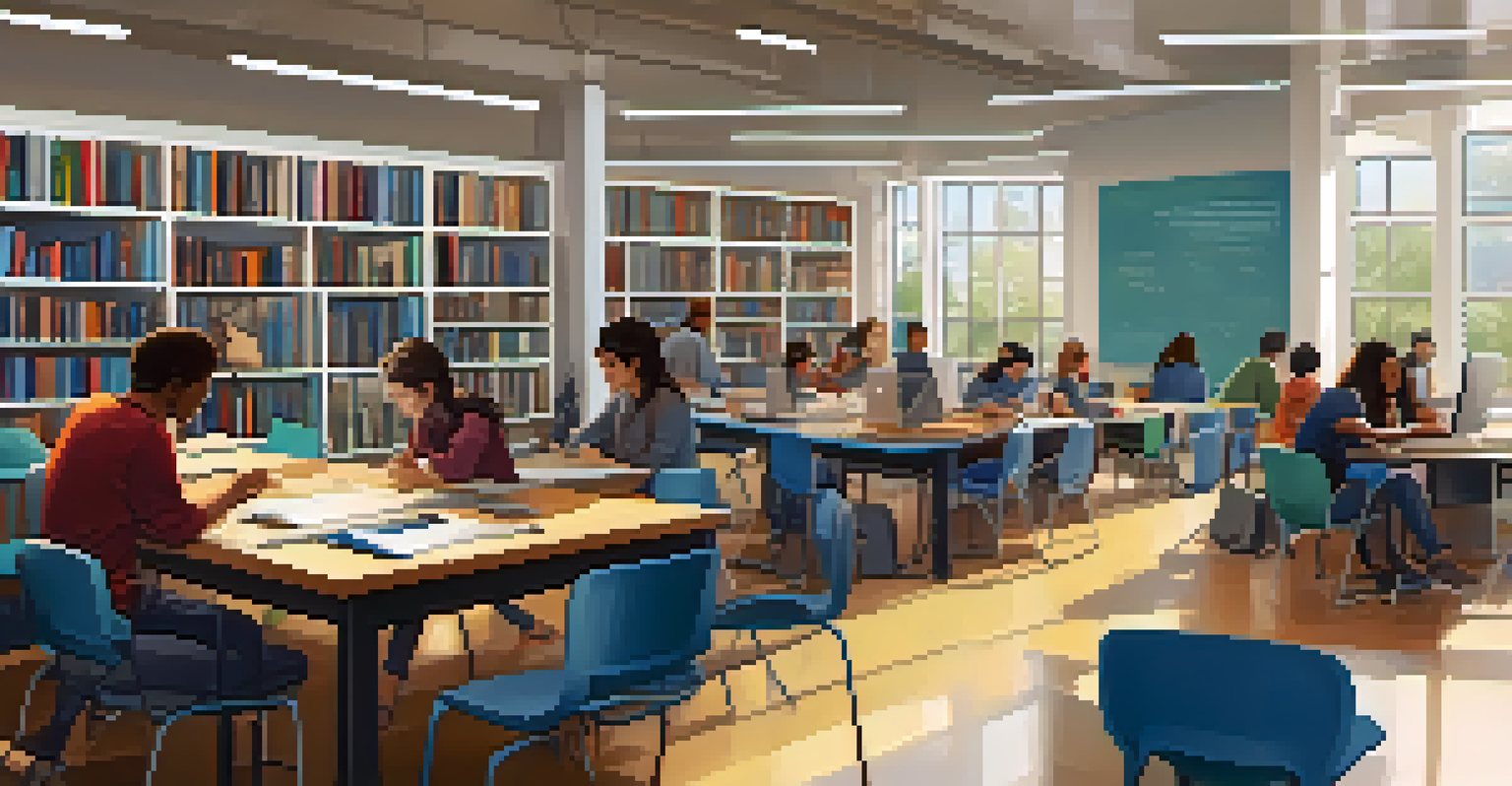 Students from diverse backgrounds collaborating in a community library with modern technology.