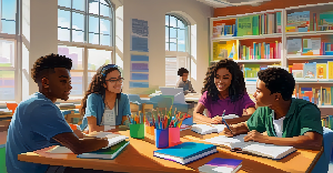 A diverse group of students collaboratively discussing and working on a project at a table filled with books and laptops, in a bright classroom environment.
