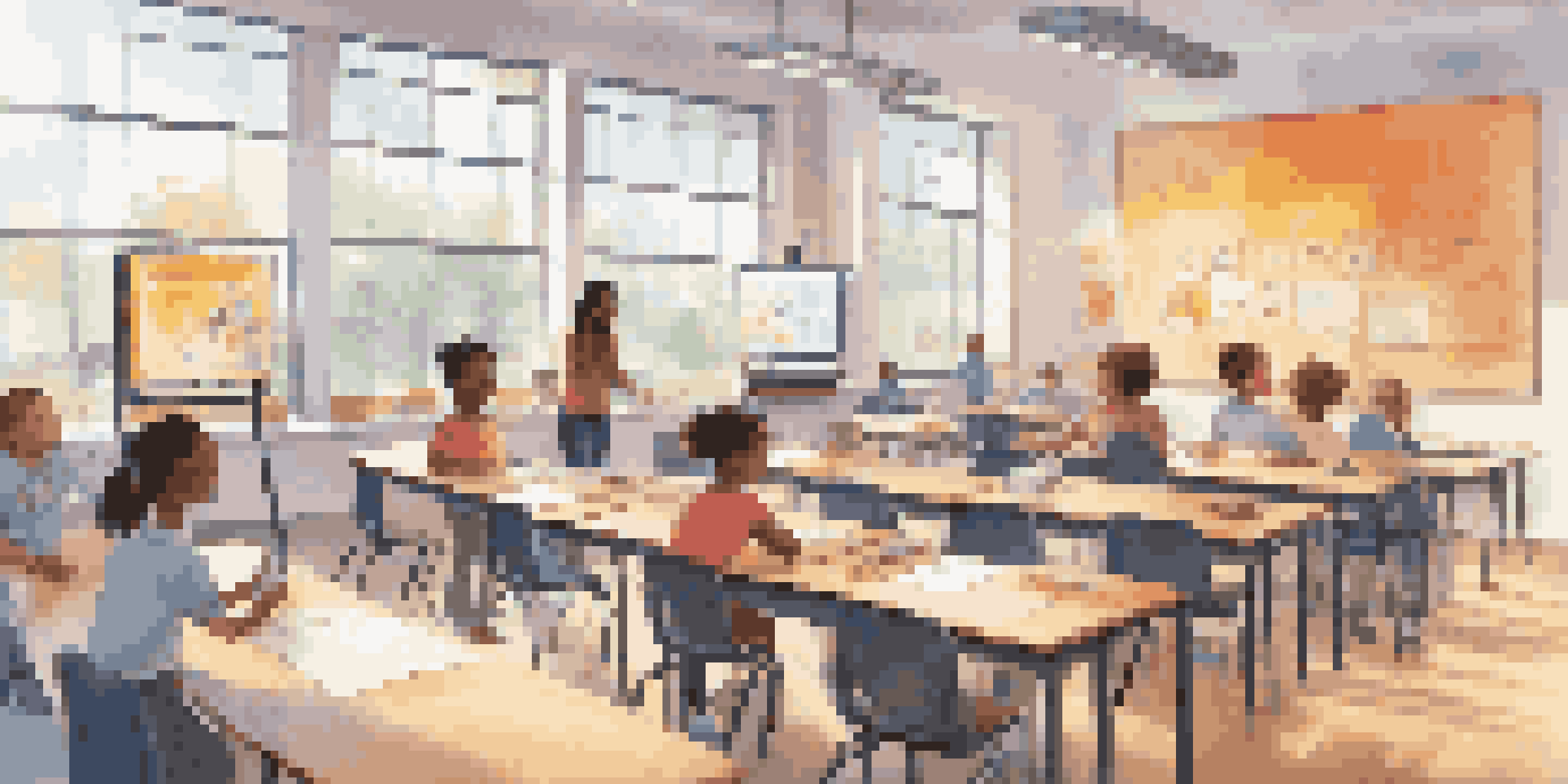 A diverse group of students in a modern classroom engaged in interactive learning, with a teacher guiding them and colorful screens displaying personalized content.